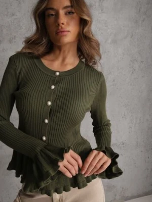 Zielony Wiskozowy Kardigan w Prążki z Falbankami i Guzikami z Cyrkoniami Danareia elsa.m by may