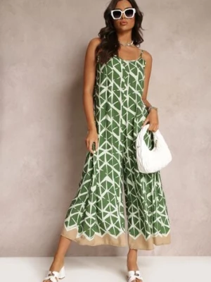 Zielony Wiskozowy Kombinezon w Geometryczne Wzory na Ramiączkach Evera rosa