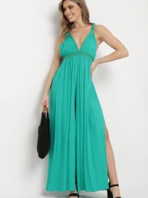 Zielony Wiskozowy Kombinezon z Gumką w Pasie i Plecionym Sznurkiem z Lnem Evalin