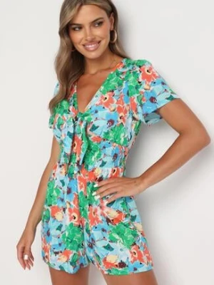 Zielony Wiskozowy Kombinezon z Gumkami w Pasie i Ozdobnym Wiązaniem Amberta melya by melody