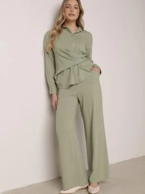 Zielony Wiskozowy Komplet Asymetryczna Koszula i Spodnie z Kieszeniami Moneia