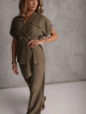 Zielony Wiskozowy Komplet z Lnem Spodnie Wide Leg i Bluzka o Kroju Marynarki Daprise bisou's project