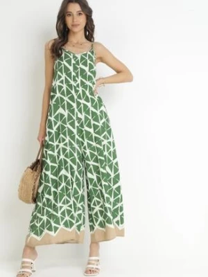 Zielony Wzorzysty Kombinezon na Ramiączkach z Długimi Nogawkami z Wiskozy Jarie rosa