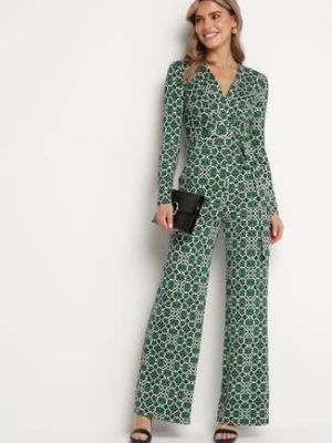 Zielony Wzorzysty Kombinezon z Długim Rękawem i Szerokimi Spodniami z Wiązaniem w Pasie Vilati by swan