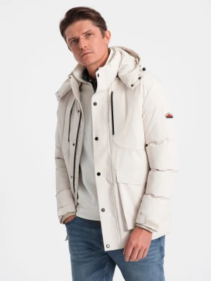 Zimowa kurtka męska z odpinanym kapturem i kieszeniami cargo - kremowa V2 - Rozmiar: M Ombre Clothing
