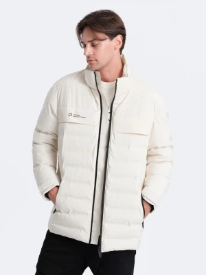 Zimowa kurtka męska z odpinanym kapturem - kremowa V2 - Rozmiar: S Ombre Clothing