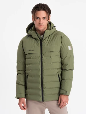Zimowa kurtka męska z odpinanym kapturem - oliwkowa V1 - Rozmiar: S Ombre Clothing
