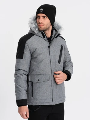 Zimowa kurtka męska z regulowanym kapturem z odpinanym futerkiem - szaro-czarna V1 Ombre Clothing
