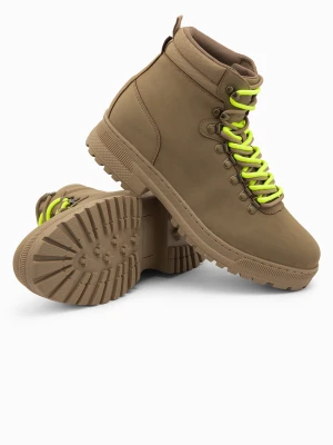 Zimowe buty męskie trekkingowe z kontrastowymi sznurówkami - brązowe V2 Ombre Clothing