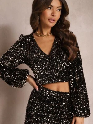 Złota Bluzka z Trójkątnym Dekoltem i Bufiastymi Rękawami Ozdobiona Cekinami Loness retro & icone