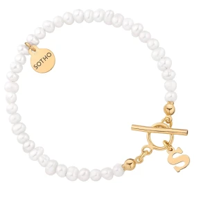 Złota bransoletka z pereł naturalnych z literką : LiTERKI - S SOTHO
