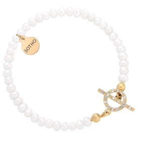 Złota bransoletka z pereł naturalnych z ozdobnym zapięciem z kryształkami SWAROVSKI® CRYSTAL SOTHO