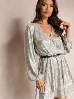 Złota Luźna Rozkloszowana Sukienka Mini o Metalicznym Błysku i Kopertowym Dekolcie z Gumką w Talii Patangia retro & icone