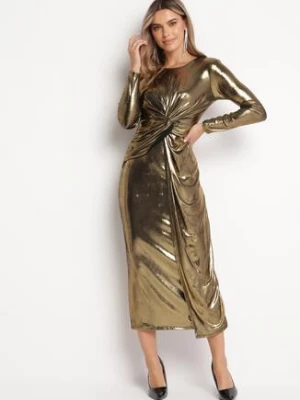 Złota Połyskująca Sukienka Maxi z Ozdobnym Węzłem Fabriana