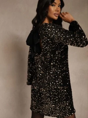 Złota Sukienka z Odkrytymi Plecami z Kokardą Zdobiona Cekinami Carilyera