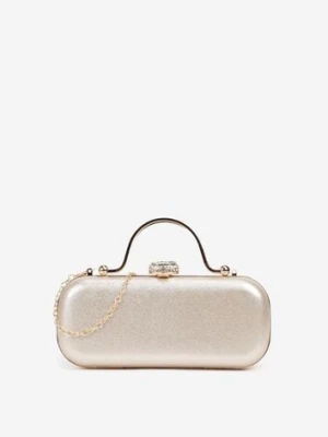 Zdjęcie produktu Złota Torebka Koktajlowa Zapinana na Zatrzask z Łańcuszkiem i Rączką Ozdobiona Cyrkoniami Carsea