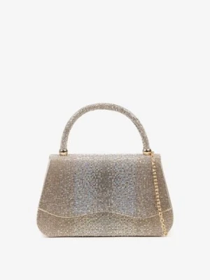 Złota Torebka Kopertówka z Cyrkoniami i Rączką Denive