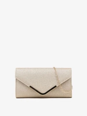 Złota Torebka Kopertówka z Łańcuszkiem Zdobiona Brokatem i Aplikacją Pasanna caely