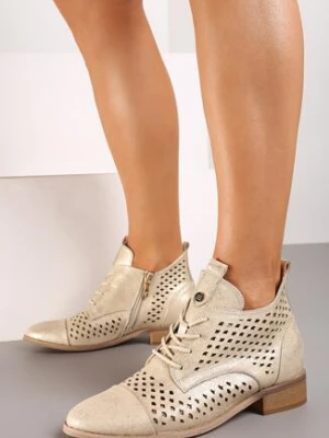 Złote Ażurowe Wiązane Botki na Płaskiej Podeszwie ze Skórzaną Wkładką Tagelia