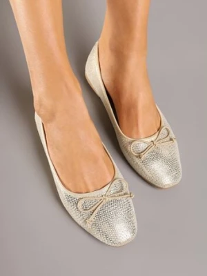 Złote Balerinki Vices z Ozdobną Kokardą i Tłoczeniem Typu Skóra Węża Tultewia