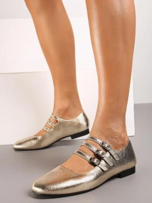 Złote Balerinki ze Skórzaną Wkładką Ozdobione Paseczkami z Klamerkami Vaideline