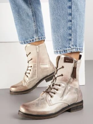 Złote Botki Workery ze Sznurowaniem i Zapięciem na Suwak Vemida lady glory