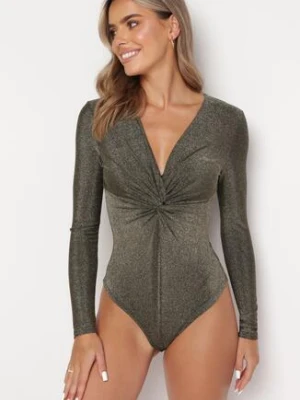 Złote Brokatowe Body z Głębokim Dekoltem Tialeta by swan