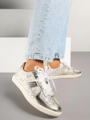 Złote Cekinowe Sneakersy z Wkładką ze Skóry Naturalnej Polwia