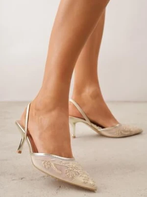 Złote Czółenka Siateczkowe na Szpilce Ozdobione Perełkami i Haftami Vilania pallika paris