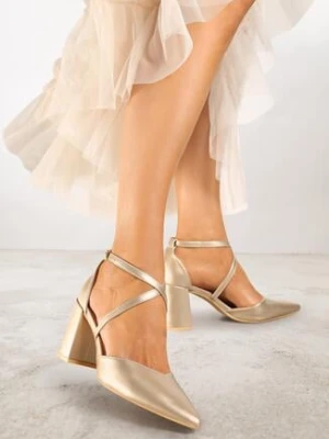 Złote Czółenka Vices na Obcasie z Wkładką ze Skóry Naturalnej i Ozdobnymi Paskami Leaniella