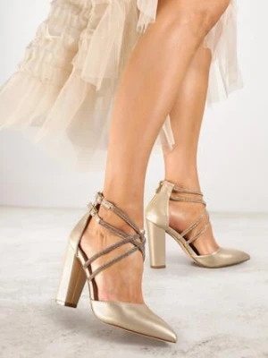 Złote Czółenka Vices na Obcasie ze Skórzaną Wkładką Ozdobnymi Paskami i Cyrkoniami Rinnesca