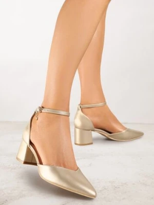 Złote Czółenka Vices na Słupku ze Skórzaną Wkładką i Ozdobą przy Pasku Lilria