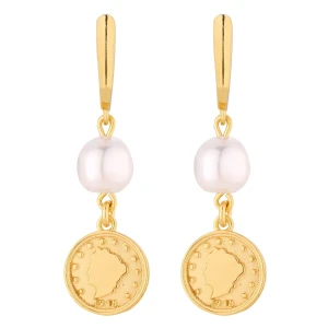Złote długie kolczyki z monetami i perłami SWAROVSKI® CRYSTAL SOTHO