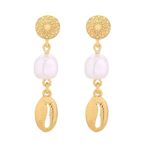 Złote długie kolczyki z muszelkami i perłami SWAROVSKI® CRYSTAL SOTHO