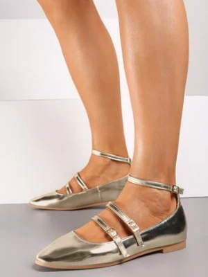 Złote Eleganckie Balerinki z Ozdobnymi Paseczkami i Klamerkami Leritala