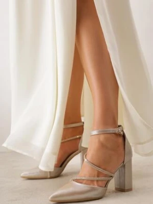 Złote Eleganckie Czółenka VICES na Słupku z Paskiem z Cyrkoniami Phelato