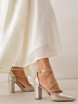 Złote Eleganckie Czółenka VICES na Słupku z Paskiem z Cyrkoniami Phelato