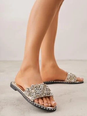 Złote Eleganckie Klapki z Biżuteryjnymi Aplikacjami Erannia