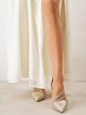 Złote Eleganckie Szpilki VICES Zdobione Paskami z Cyrkoniami Thalasura