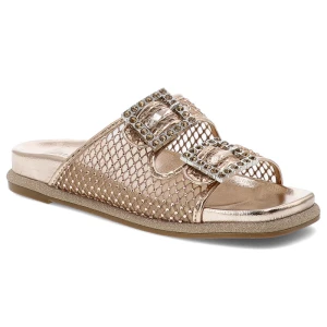 Złote Klapki Laura Vita Eleganckie Błyszczące Obuwie Damskie