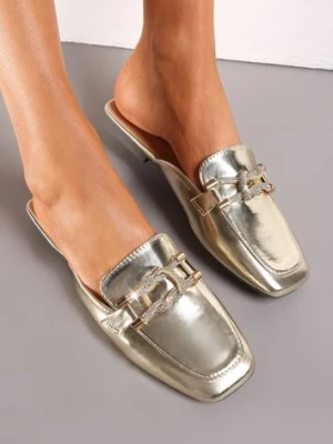 Złote Klapki Mule z Kwadratowym Noskiem i Rzemykami Cynamia