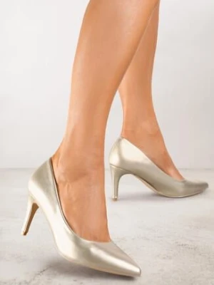 Złote Klasyczne Czółenka na Szpilce ze Skórzaną Wkładką Leranda