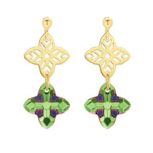 Złote kolczyki z rozetką i kryształem SWAROVSKI® CRYSTAL w kolorze zielonym SOTHO