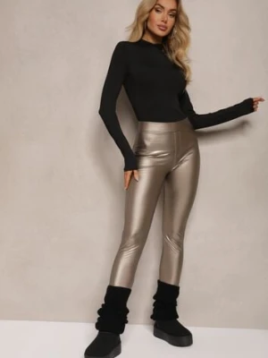 Złote Legginsy z Imitacji Skóry High Waist Ozdobione Wsuwanymi Kieszeniami Valerievia