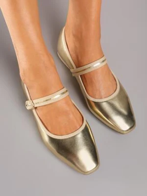 Złote Płaskie Balerinki Ozdobione Paskiem i Lamówką Vlivia