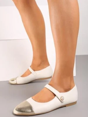 Złote Płaskie Balerinki Ozdobione Paskiem na Rzep i Lakierowanym Noskiem Sailerra