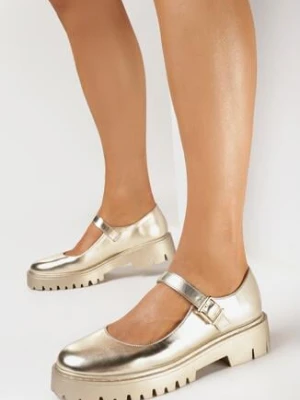 Złote Półbuty na Grubej Podeszwie z Ekoskóry Zapinane na Sprzączkę Marilni