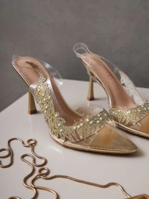 Złote Przezroczyste Sandały na Szpilce Vices ze Skórzaną Wkładką i Cyrkoniami Oviassa