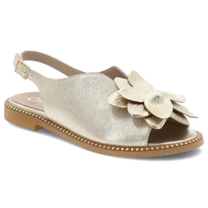 Sandały damskie Chebello, eleganckie skórzane z ozdobnym kwiatem na płaskim obcasie na sprzączkę, złote, 4729-523