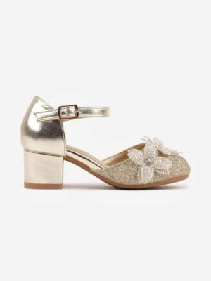 Złote Sandały na Niskim Obcasie Ozdobione Brokatem Cyrkoniami i Kwiatami 3D Venatia